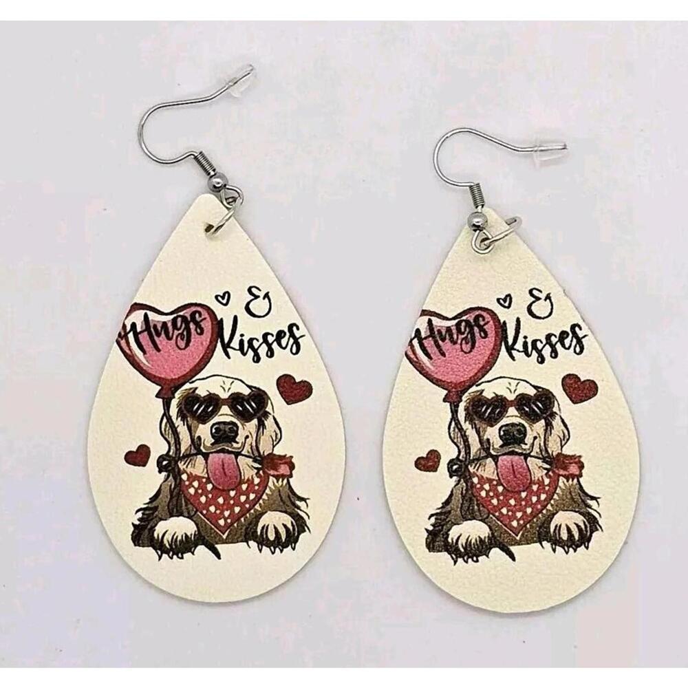 Valentine Hug & Kisses Dog Faux Leather Teardrop Dangle Earrings‎ Double Sided